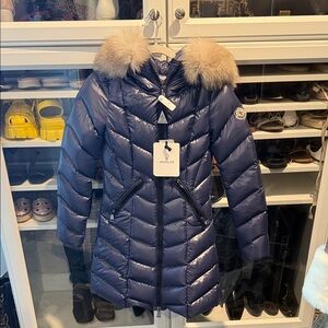 Moncler Navy Puffer Jacket with Fur Trim
